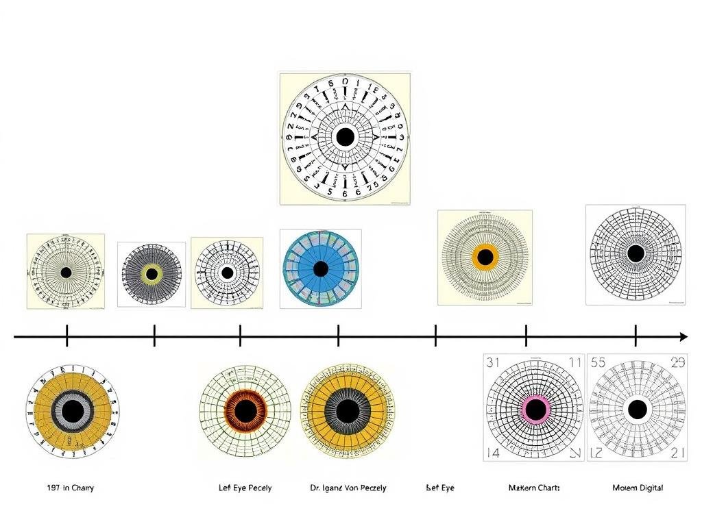 Historical development of Left Eye Iridology Charts showing evolution from early drawings to modern detailed charts