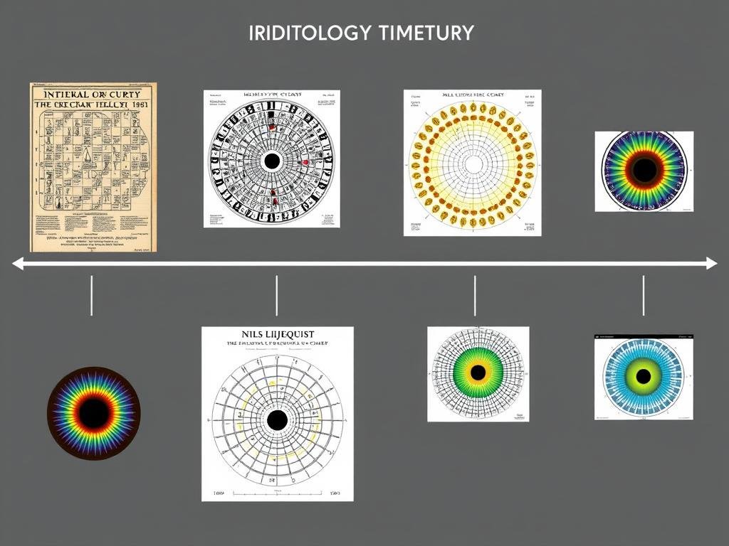 Historical development of iridology charts showing evolution from early designs to modern versions