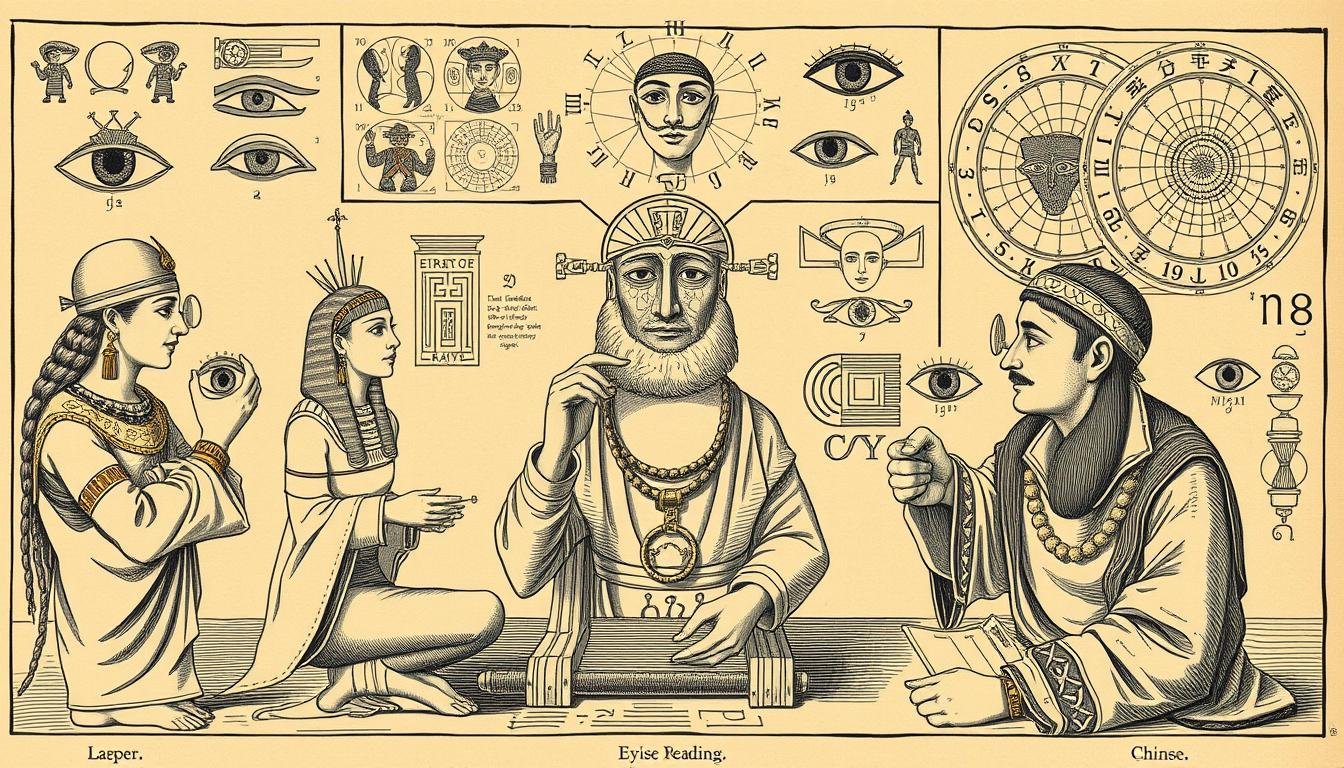 Historical illustration of ancient Eye Reading practices from different cultures