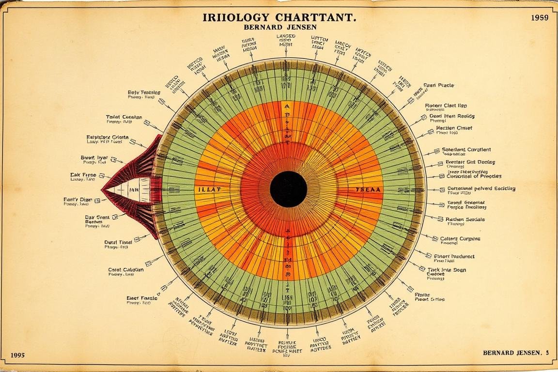 Historical iridology chart created by Bernard Jensen showing iris mapping
