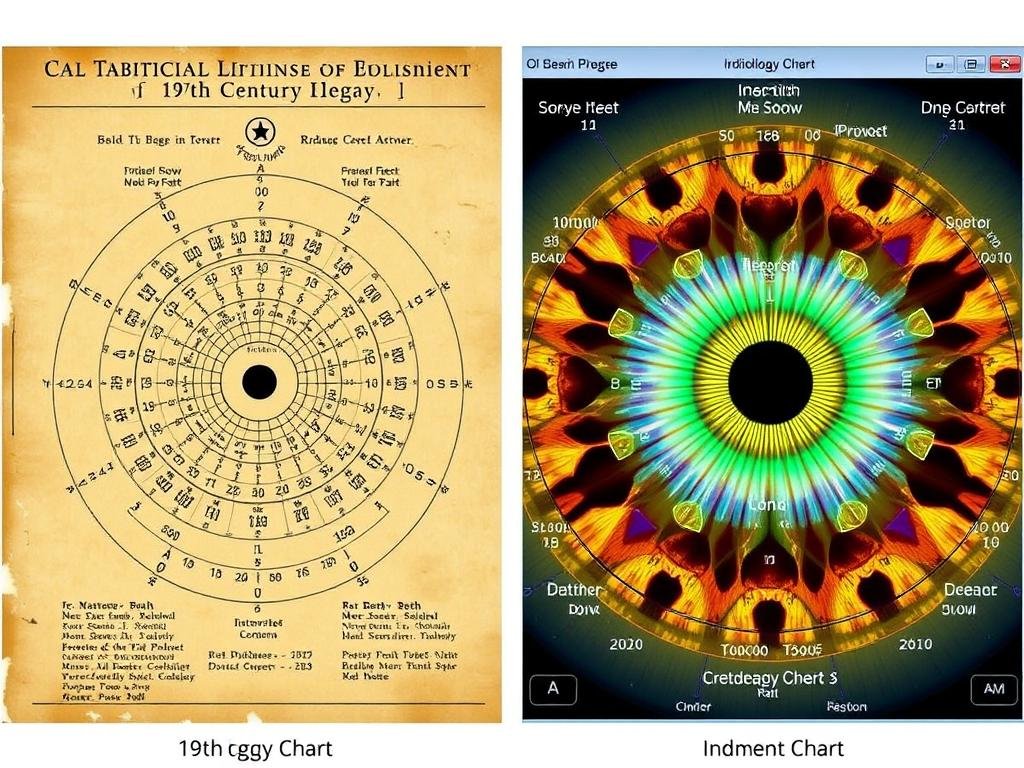 Historical iridology chart from the 19th century compared to modern version