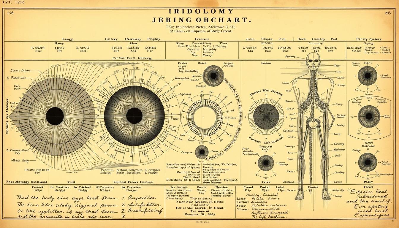 Historical iridology chart showing iris markings and their corresponding body systems