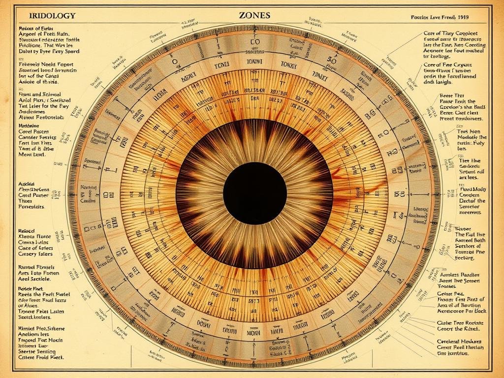 Historical iridology chart showing iris zones mapped to body organs