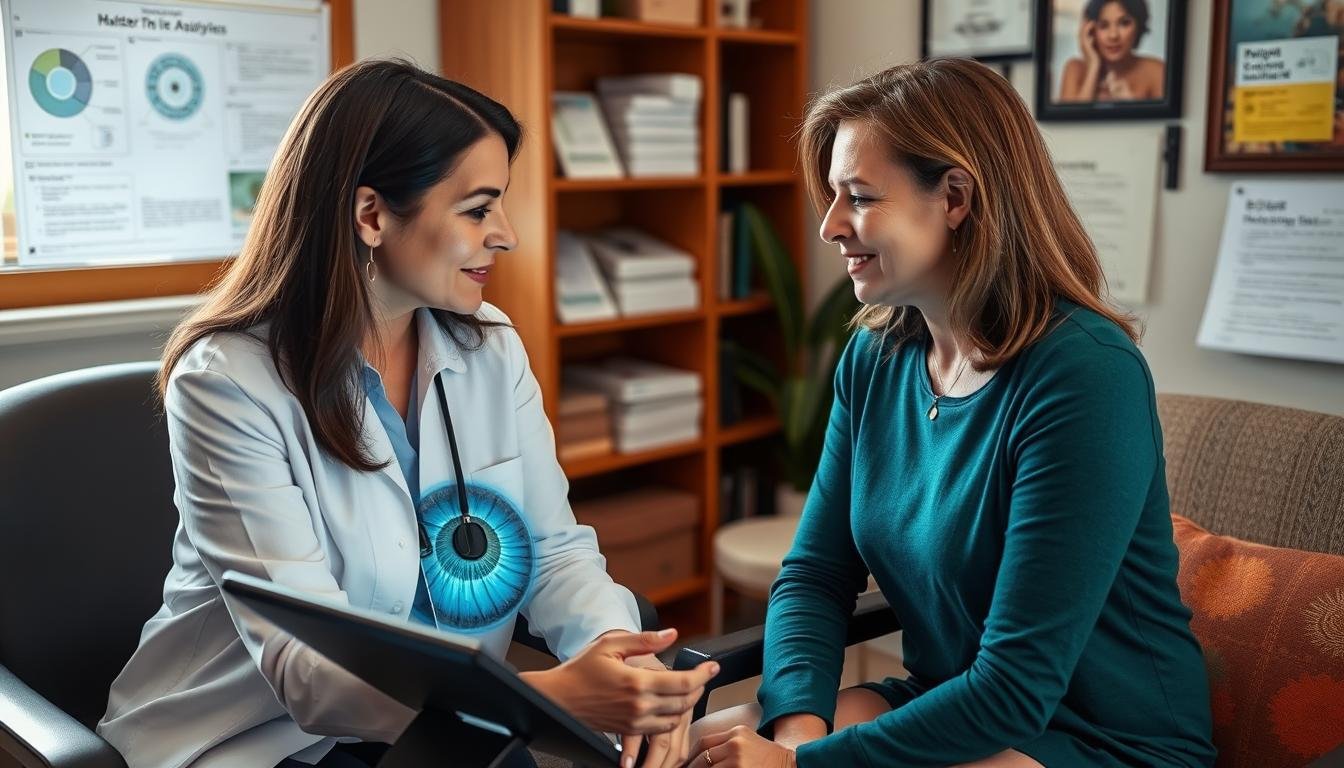 Holistic health practitioner discussing Right Iris in Iridology Chart findings with client