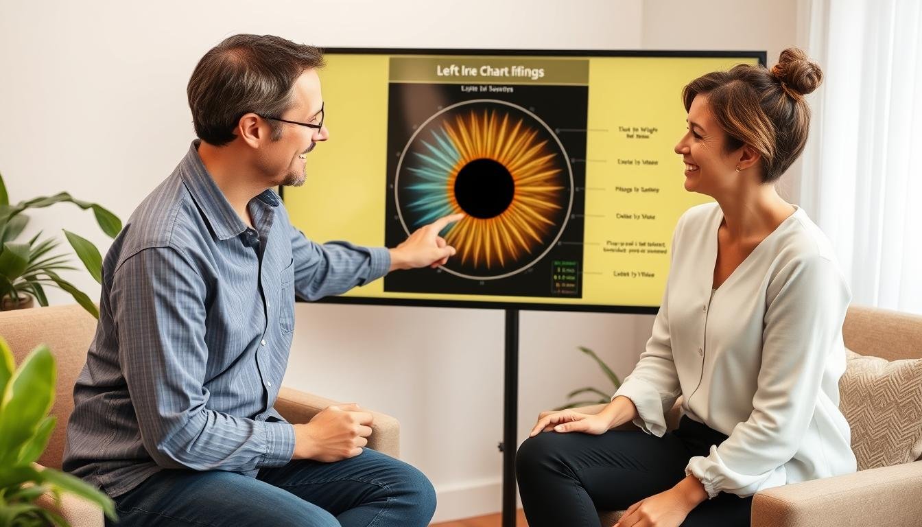Holistic health practitioner discussing left iris chart findings with a client