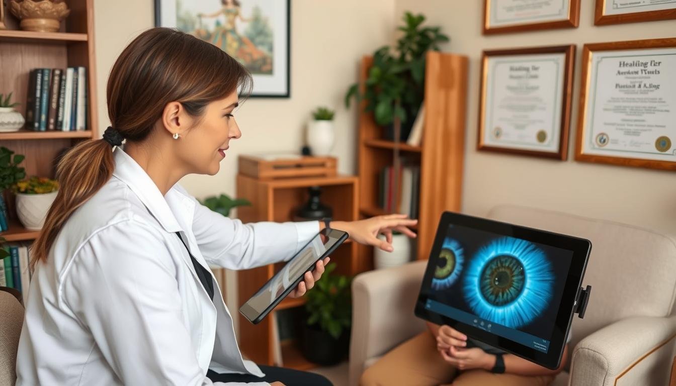 Holistic health practitioner explaining eye reading results to a client