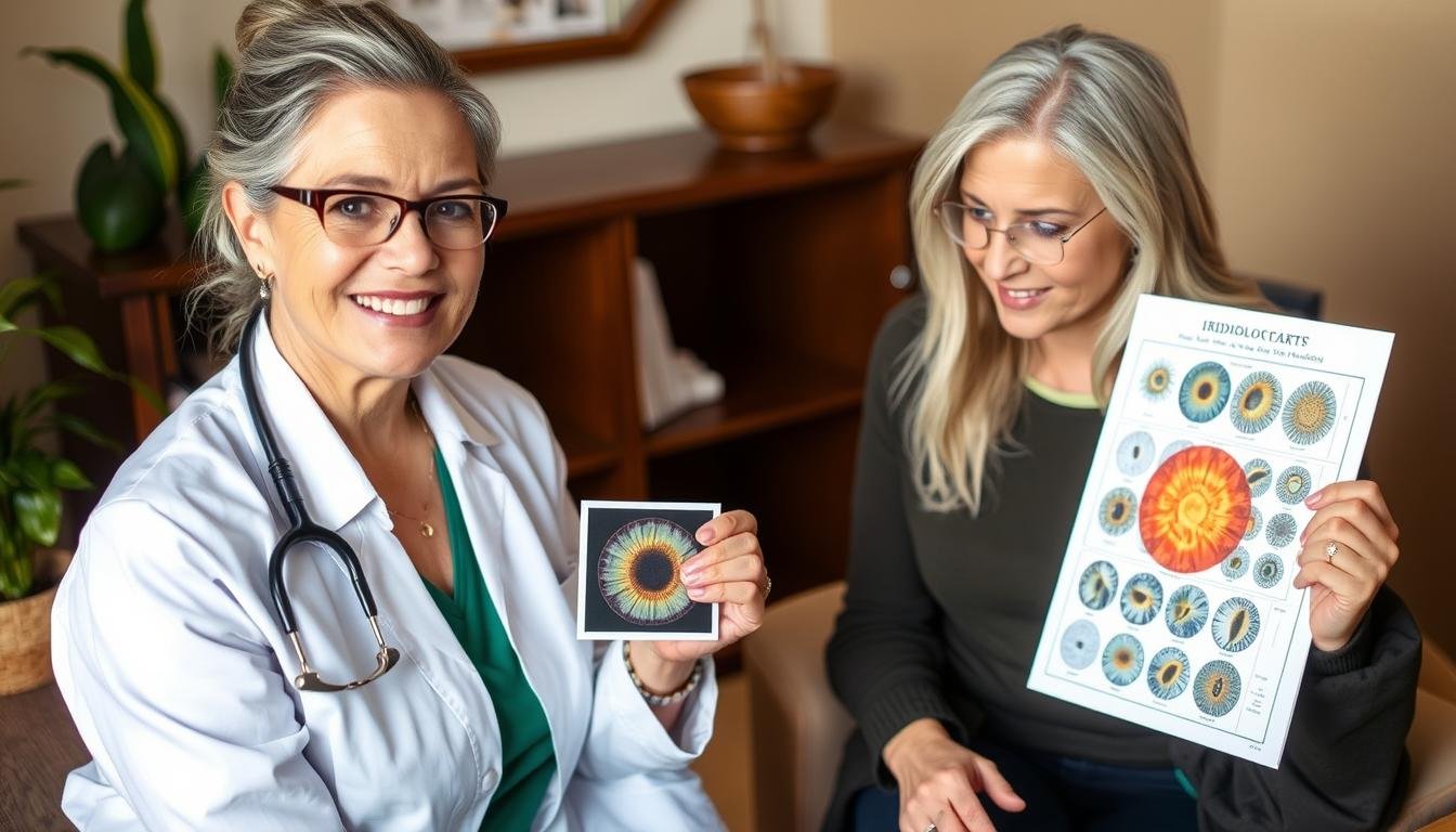 Holistic practitioner discussing iridology chart findings with a client
