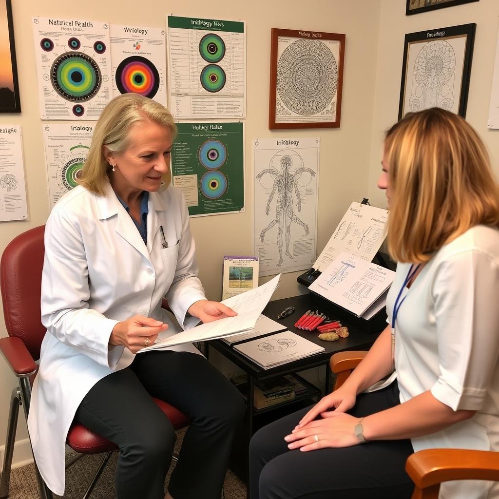 Holistic practitioner using multiple assessment methods including iridology