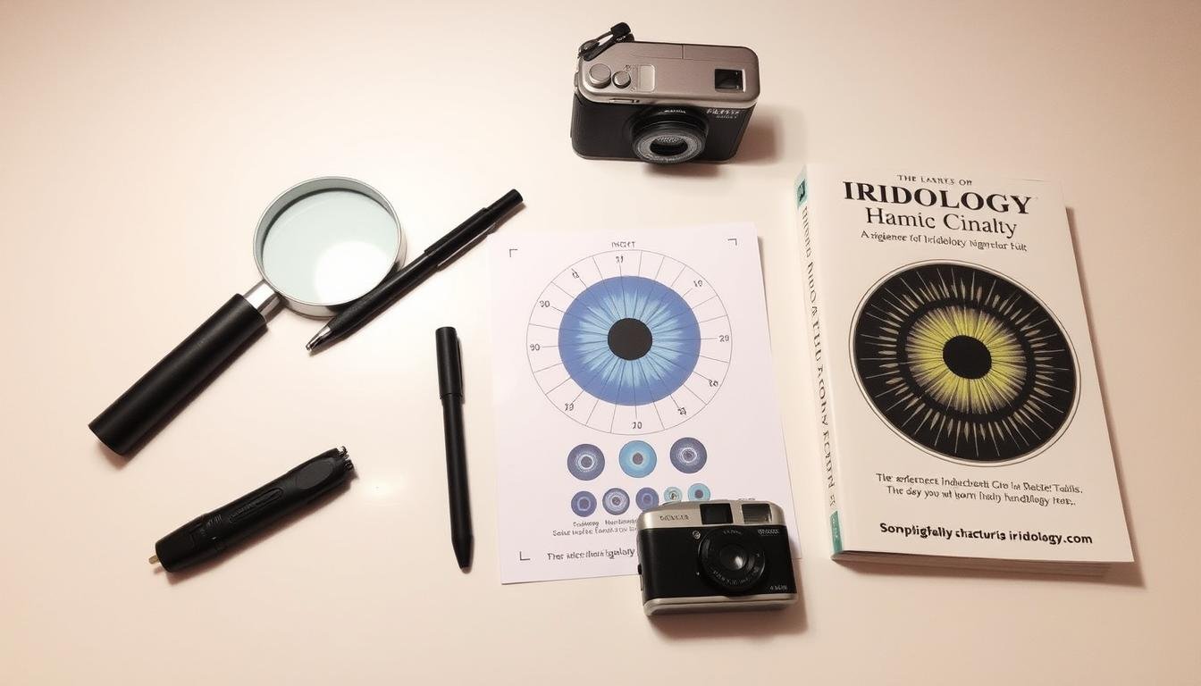 Home iridology kit with magnifying tools and Right Eye Iridology reference charts