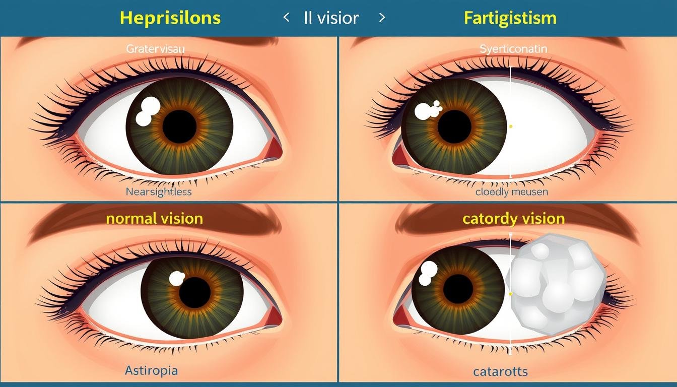 Illustration showing how common eye disorders affect vision
