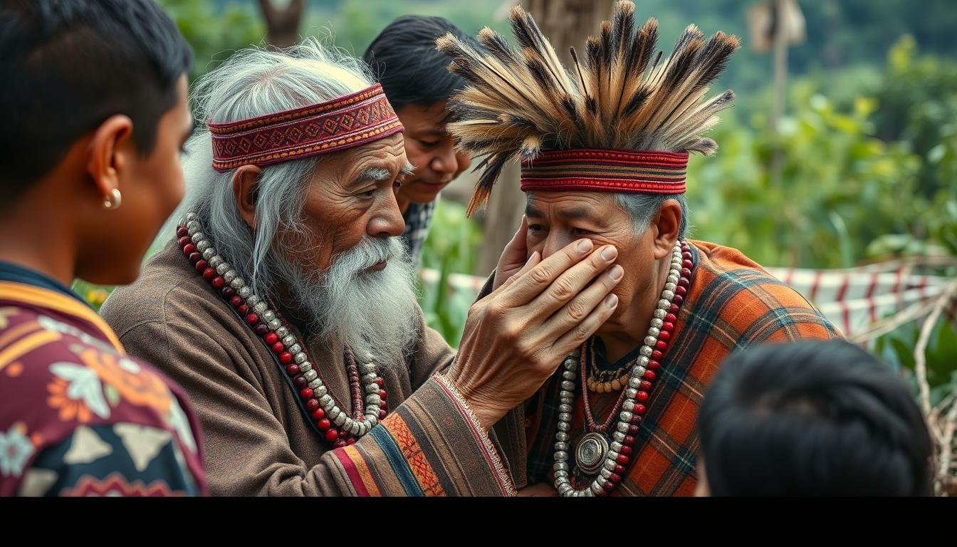 Indigenous elder demonstrating traditional eye reading techniques