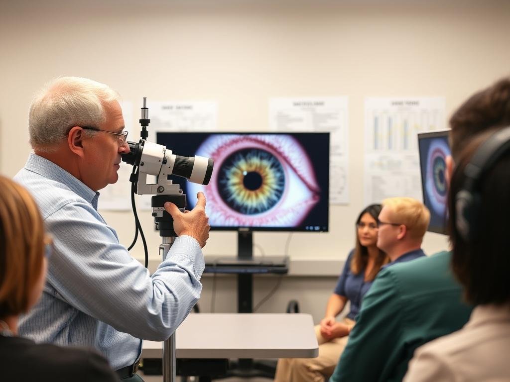 Instructor demonstrating iris analysis using the Bernard Jensen iridology chart method