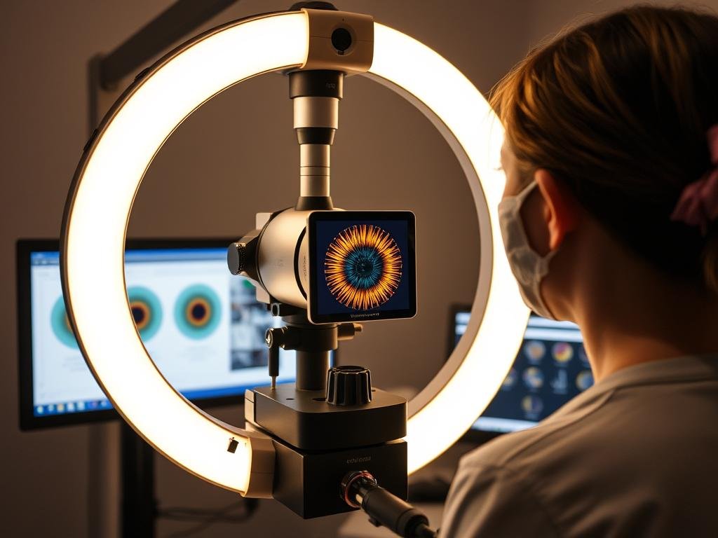 Iridocam Pro digital iris scanner with software interface showing detailed analysis