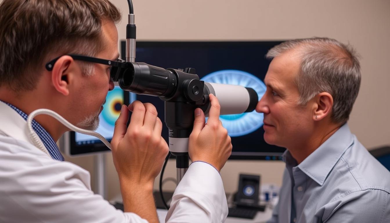 Iridologist analyzing a Right Iris in Iridology Chart with specialized equipment