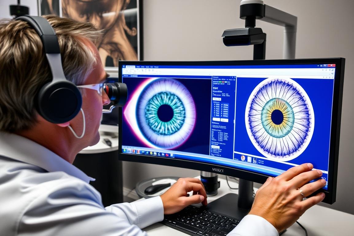 Iridologist analyzing digital iris images on computer screen
