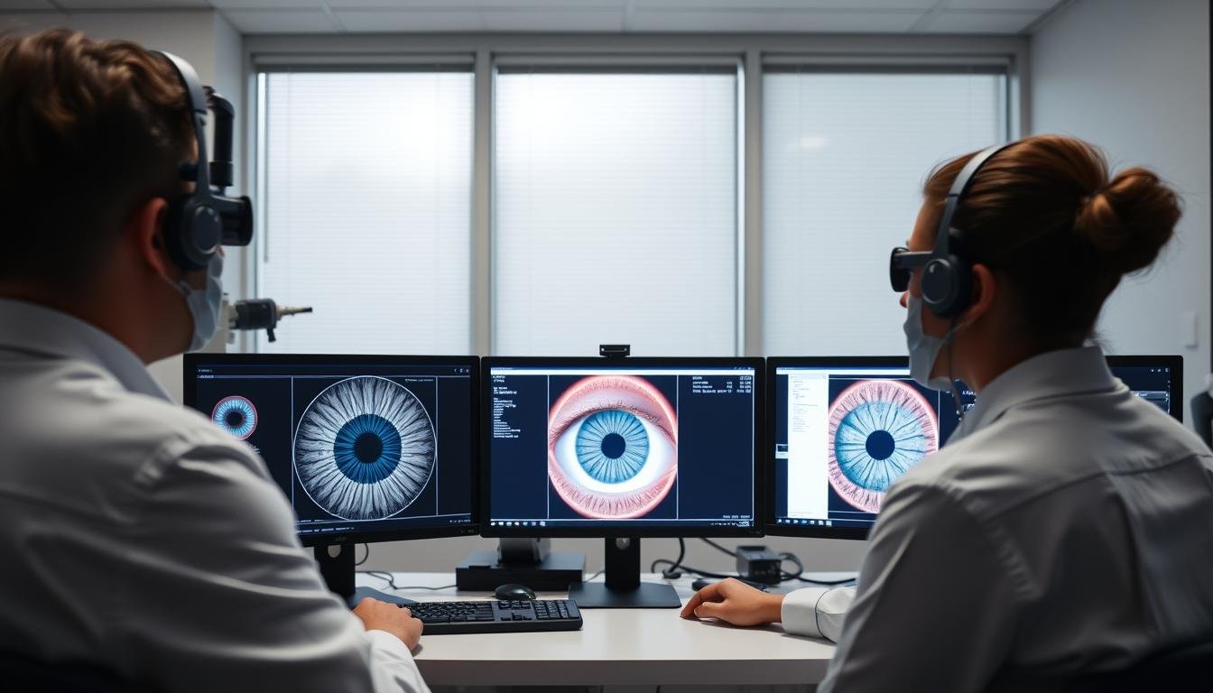 Iridologist analyzing digital iris images on computer screens showing detailed iris patterns