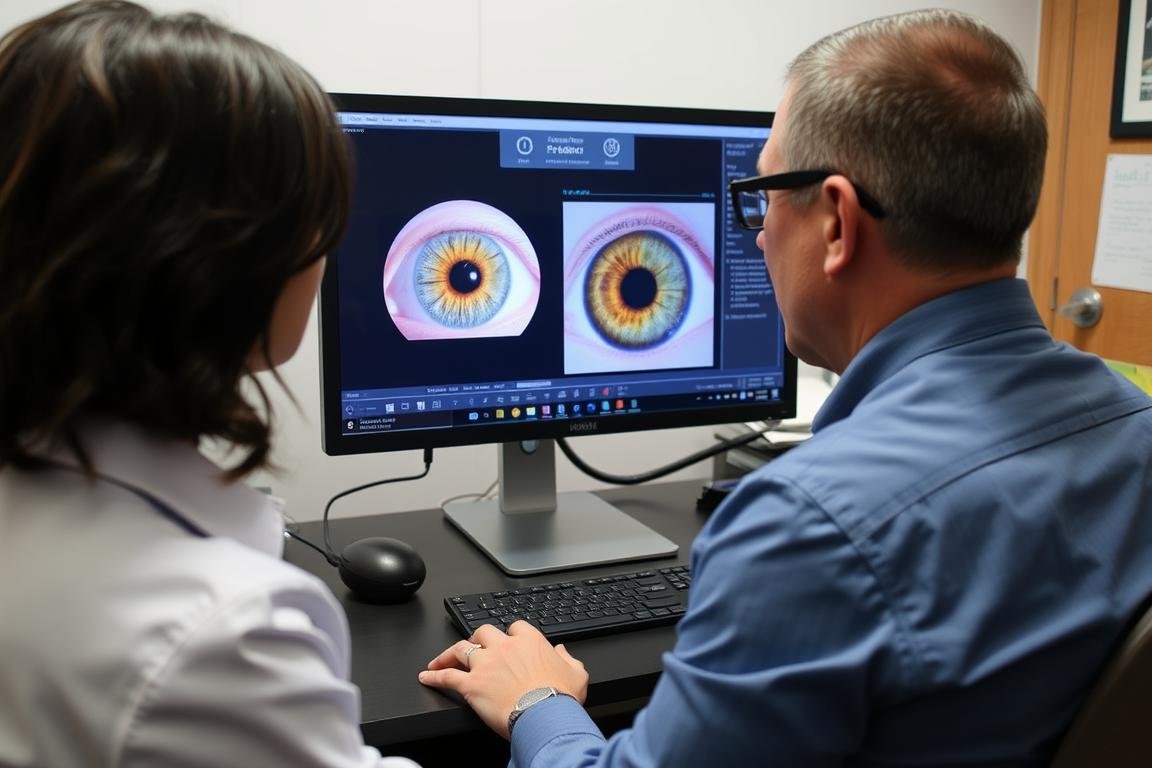 Iridologist analyzing digital iris images with specialized software