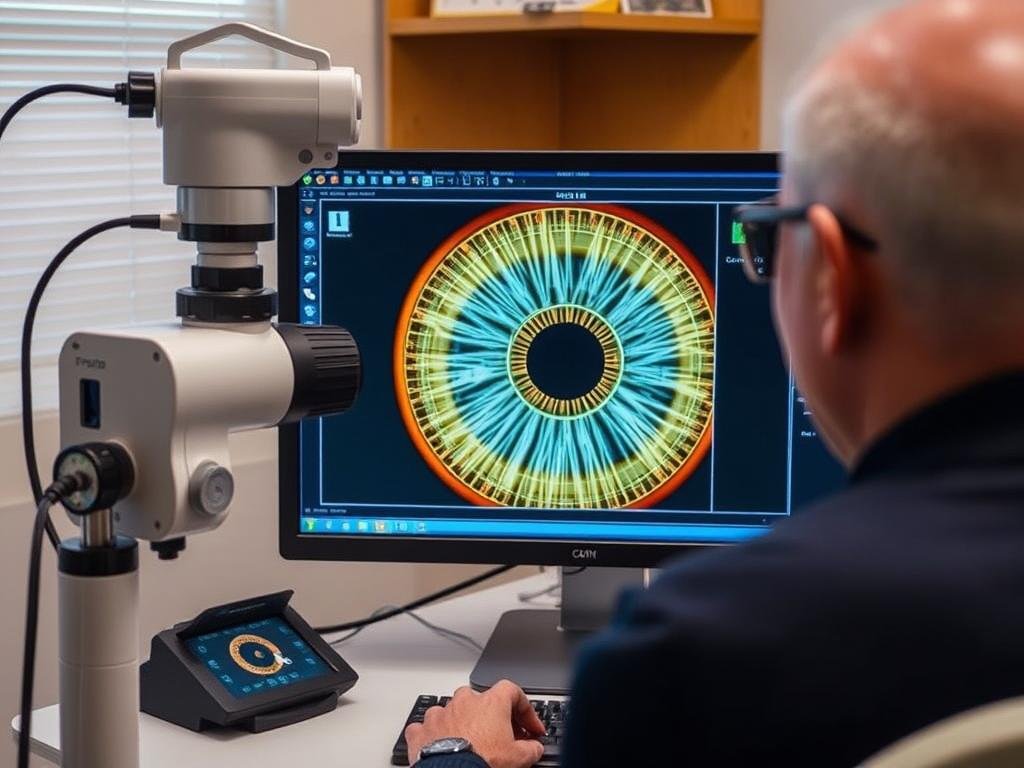 Iridologist analyzing iris patterns using a digital iridology camera