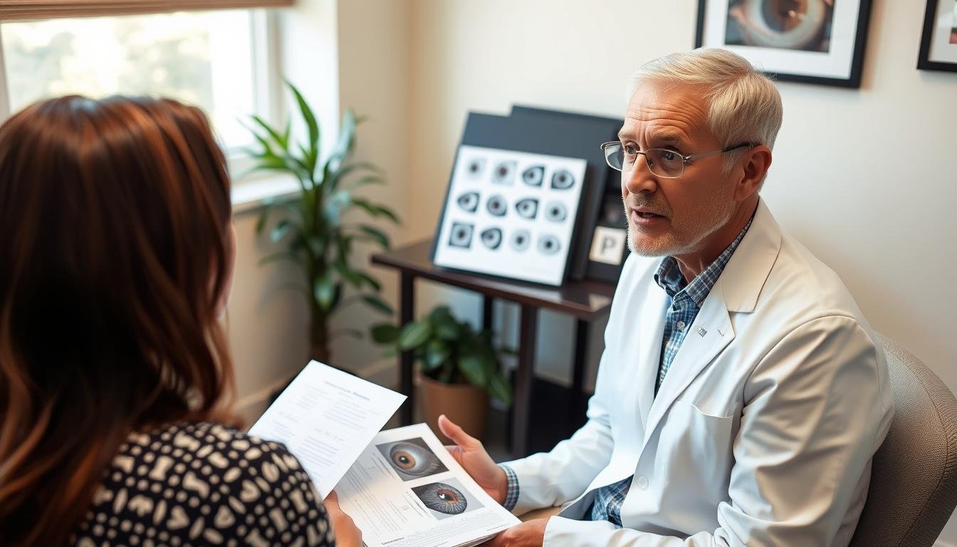Iridologist answering client questions during a consultation