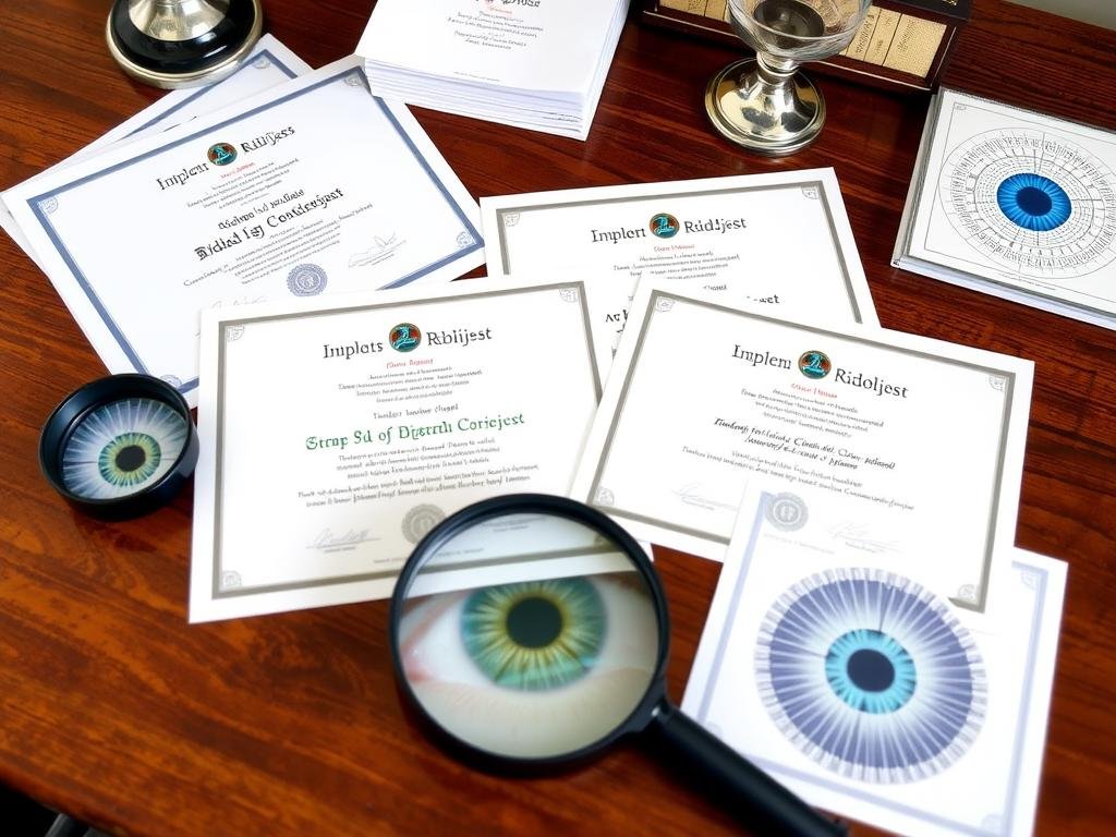 Iridologist certification and training documents displayed on a desk