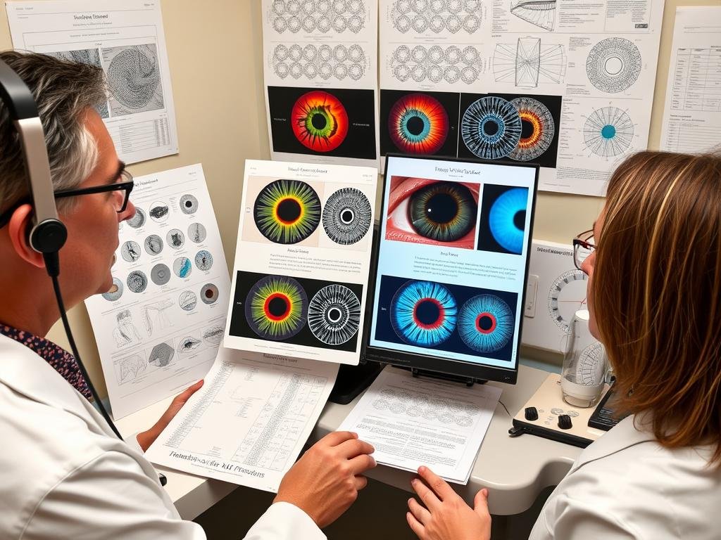 Iridologist comparing findings between both eyes and across different iridology chart systems