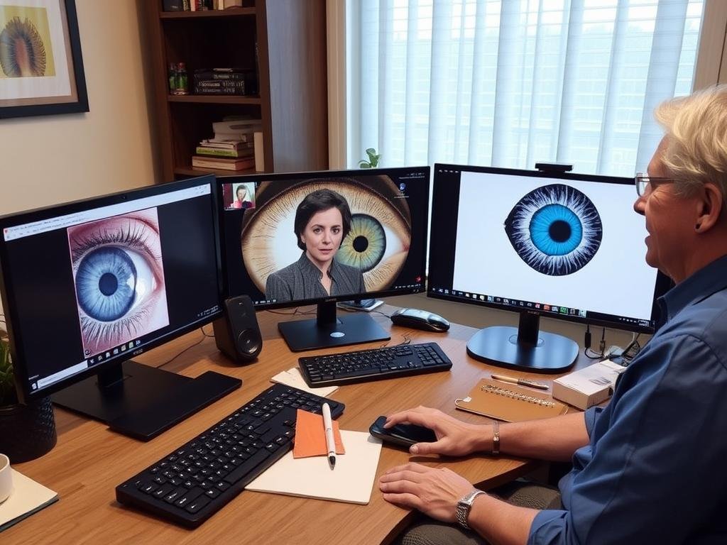 Iridologist conducting a remote consultation via video conference
