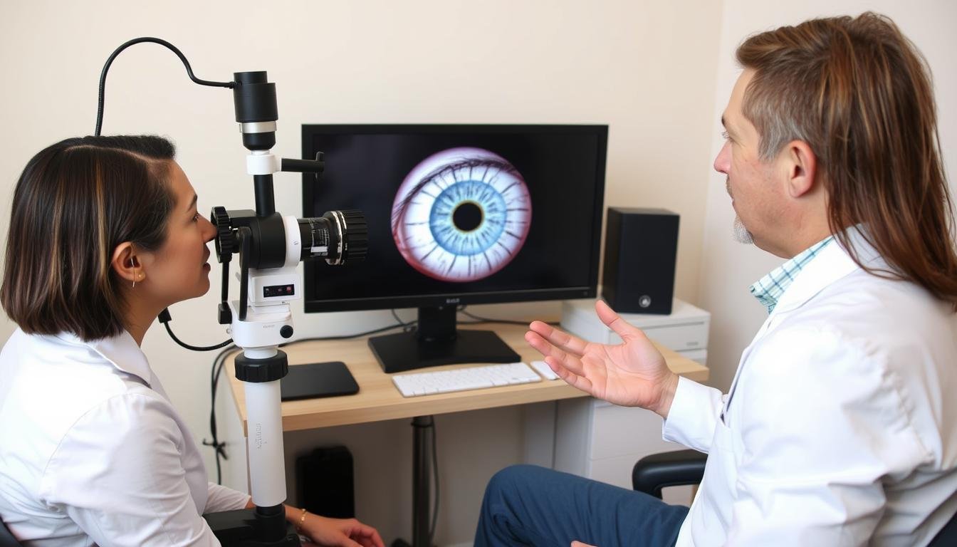 Iridologist conducting a step-by-step iris examination with a client