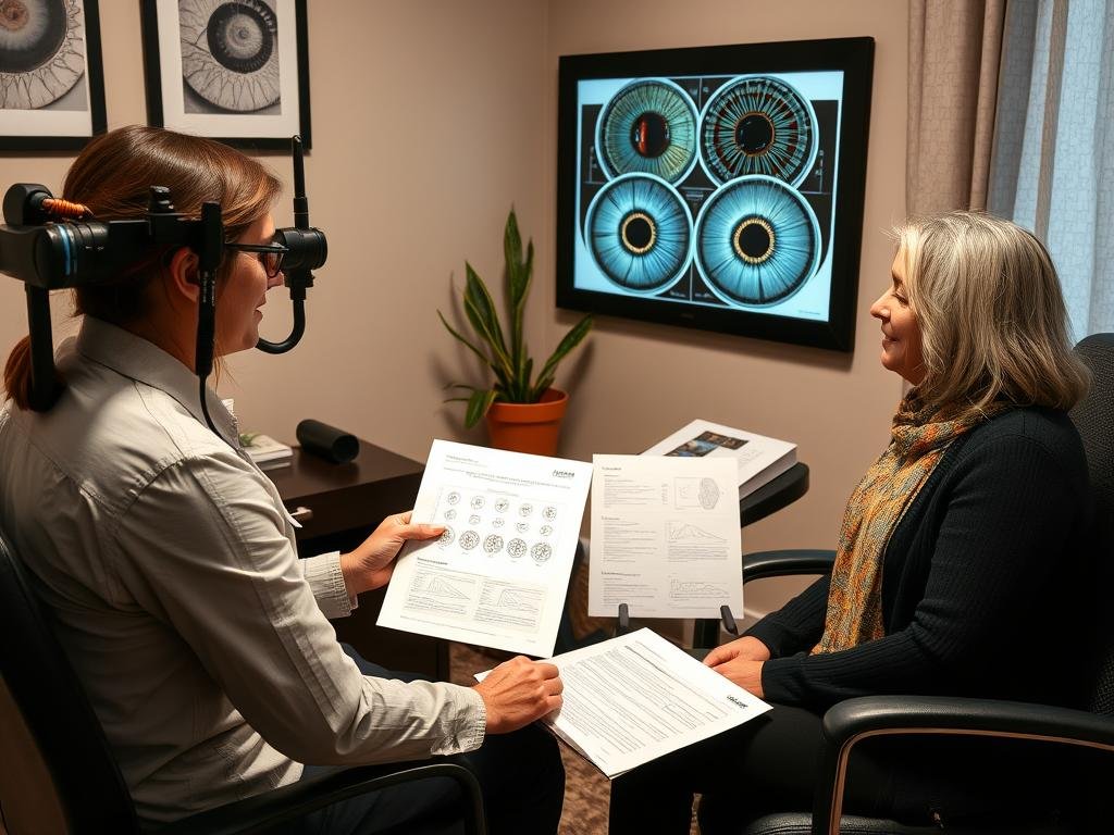 Iridologist consulting with a client about their health assessment