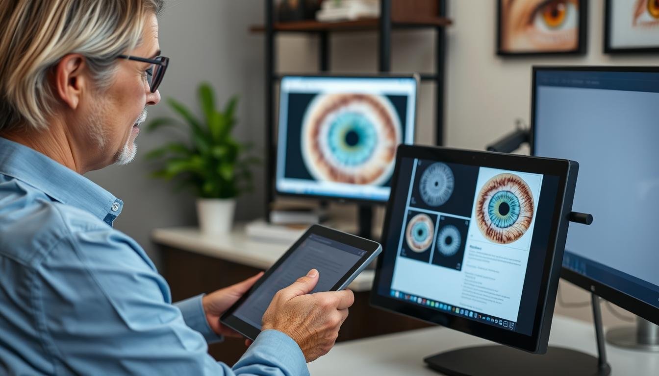 Iridologist discussing findings with a client after an iridology reading session