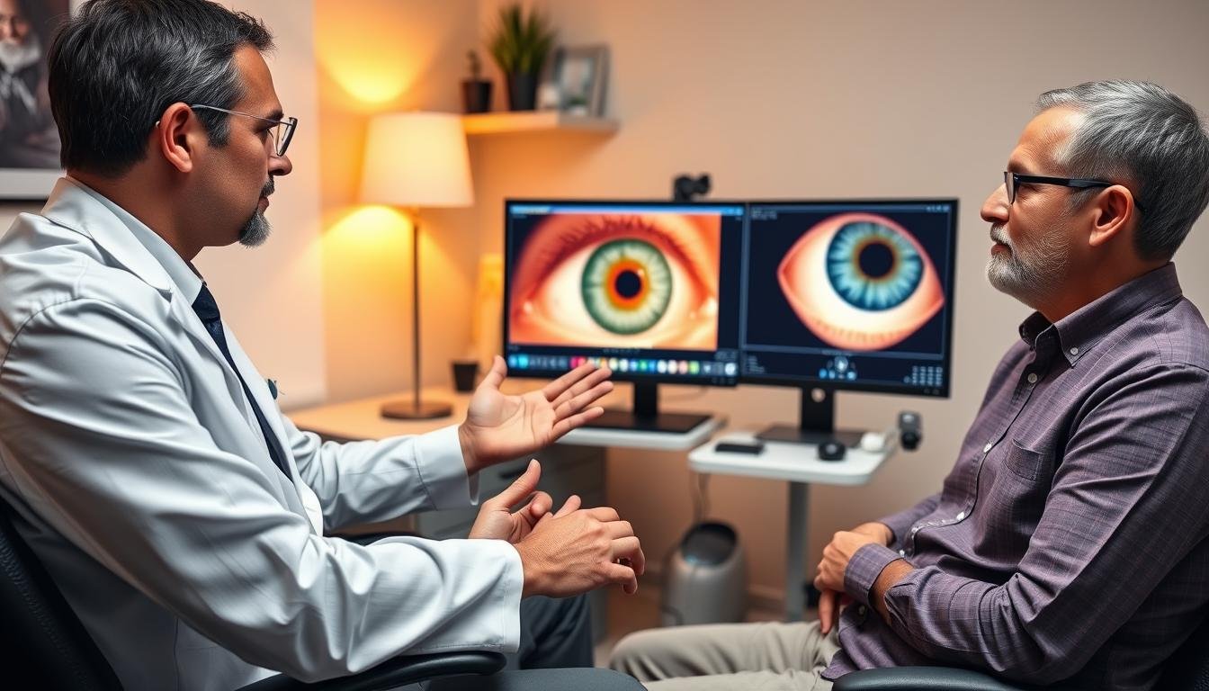 Iridologist discussing findings with a patient during a consultation