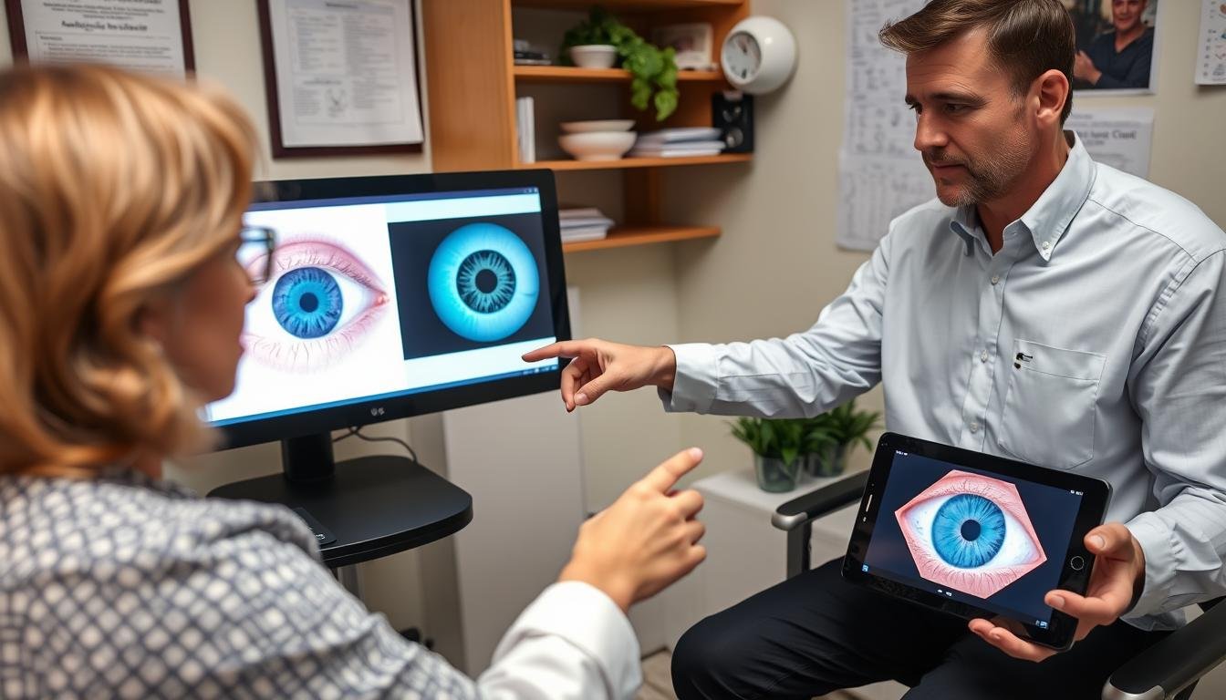 Iridologist discussing iris analysis results with a patient using digital displays