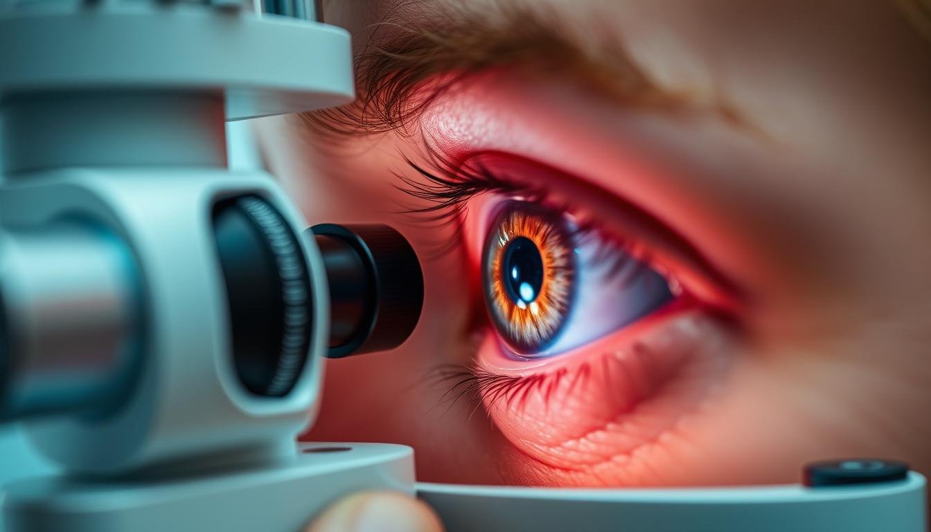 Iridologist examining a client's iris with a specialized iriscope