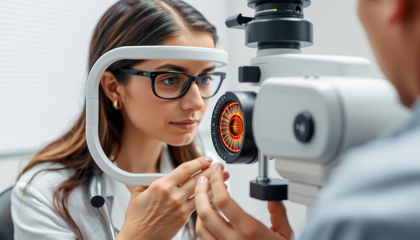 Iridologist examining a client's iris with specialized equipment