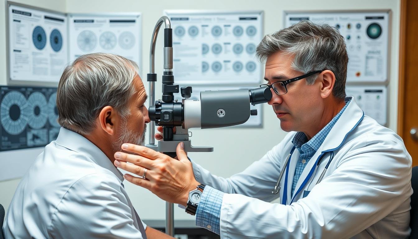 Iridologist examining a client's iris with specialized equipment