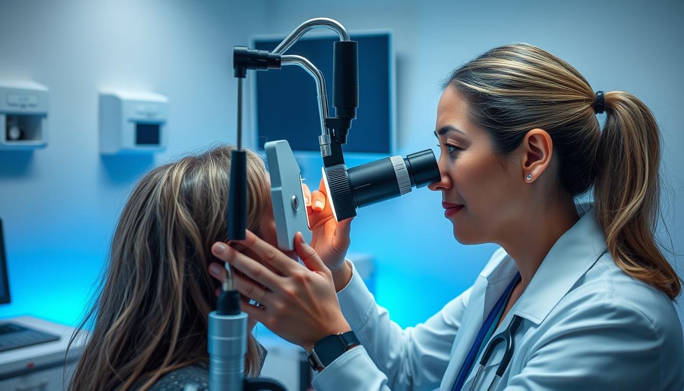 Iridologist examining a client's iris with specialized equipment