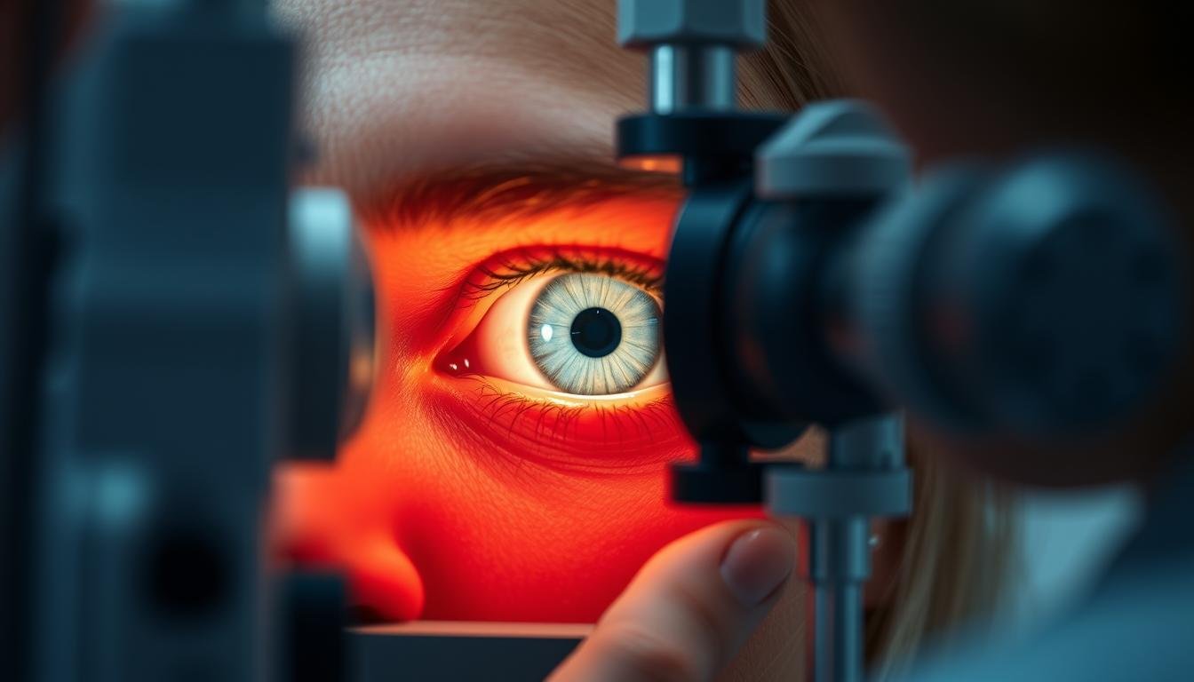 Iridologist examining a client's iris with specialized equipment