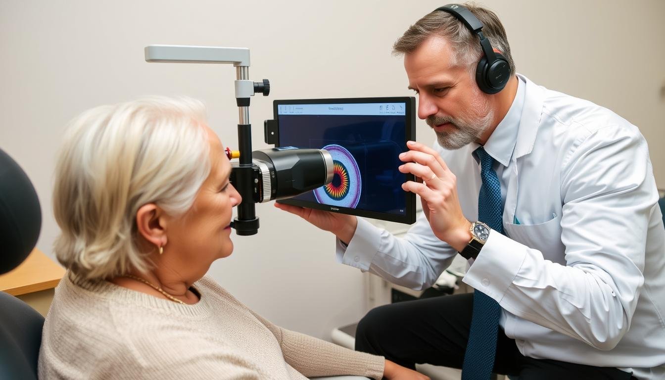 Iridologist examining a client's iris with specialized equipment