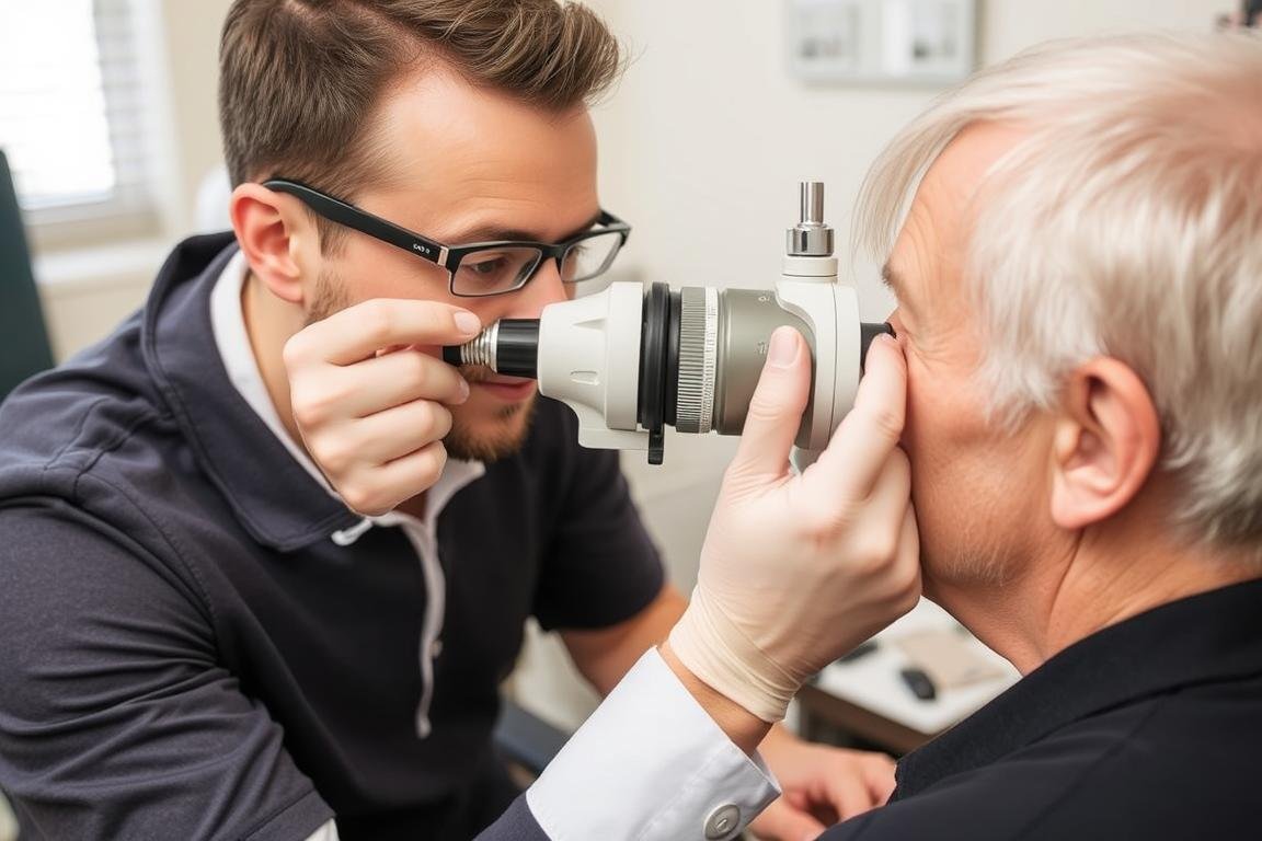 Iridologist examining a patient's iris for health assessment