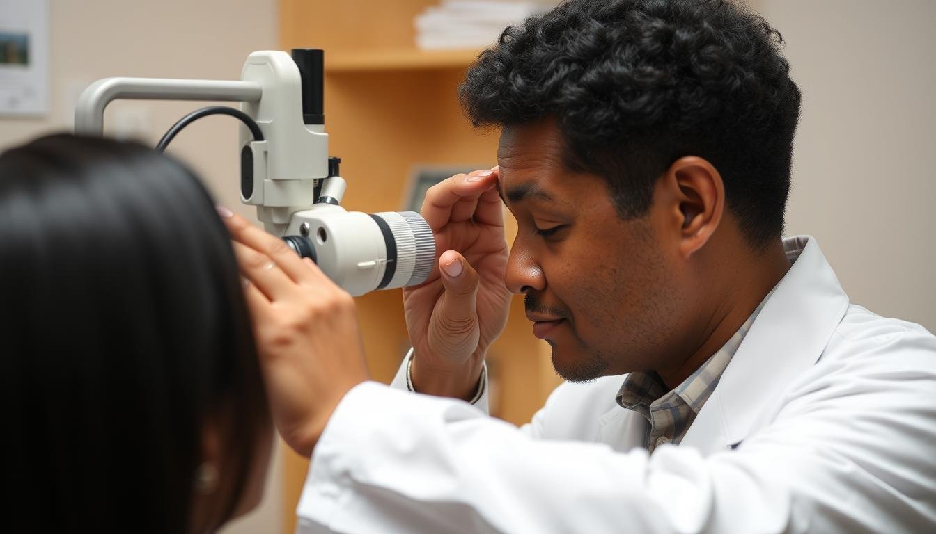 Iridologist examining a patient's iris using specialized equipment for holistic diagnosis