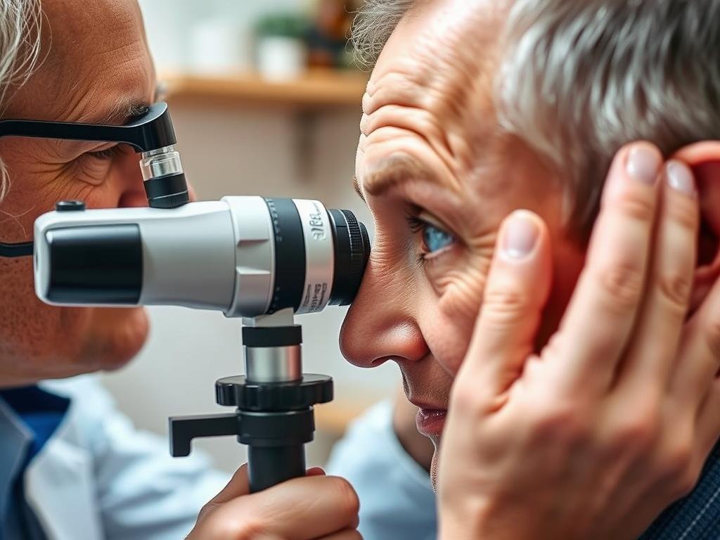 Iridologist examining a patient's iris with a magnifying tool