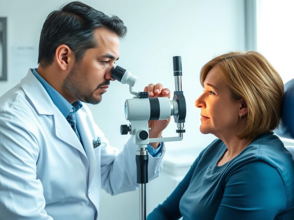 Iridologist examining a patient's iris with specialized equipment