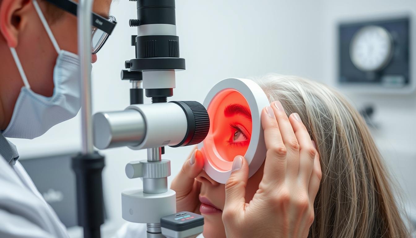 Iridologist examining a patient's iris with specialized equipment