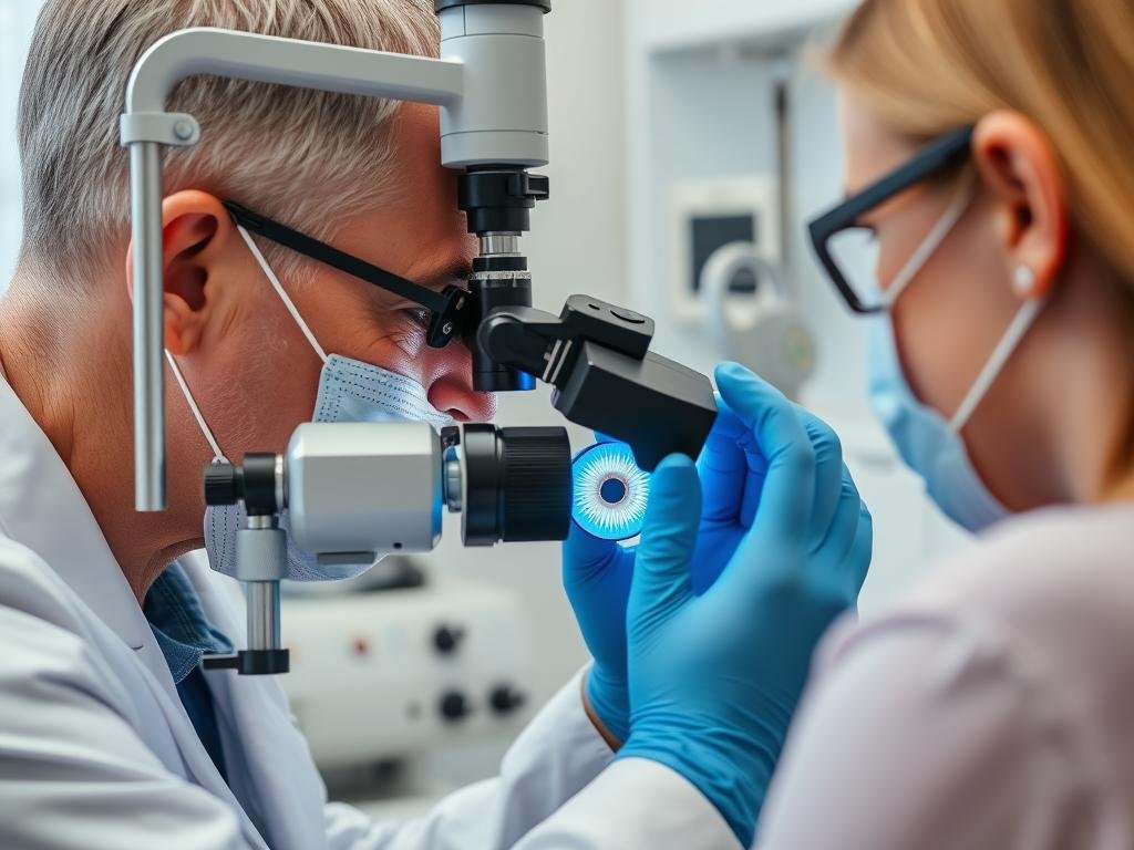 Iridologist examining a patient's iris with specialized equipment
