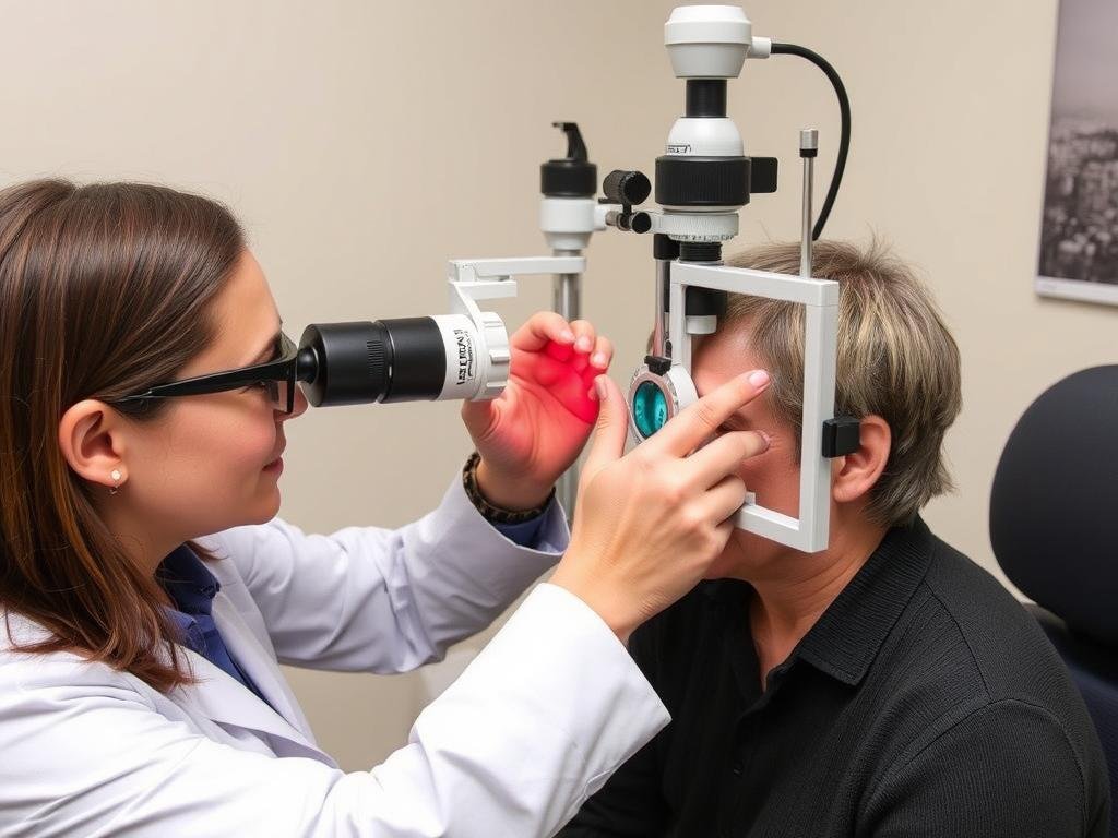 Iridologist examining a patient's iris with specialized equipment