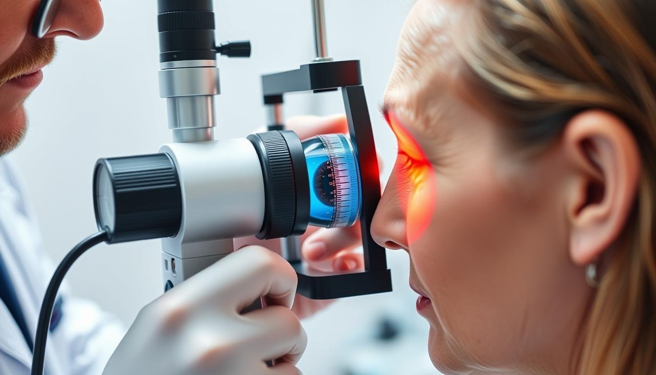 Iridologist examining a patient's iris with specialized equipment