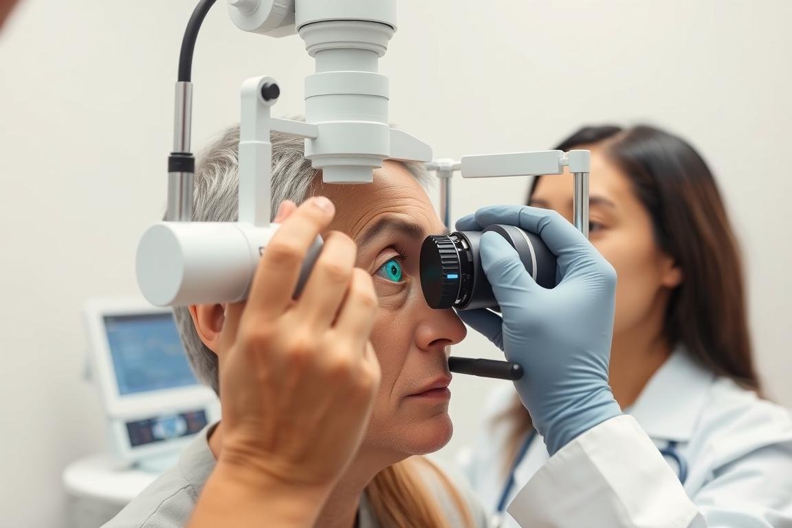 Iridologist examining a patient's iris with specialized equipment