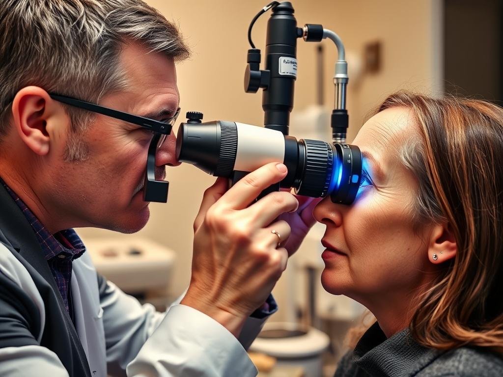 Iridologist examining a right eye with specialized equipment for Right Eye Iridology analysis