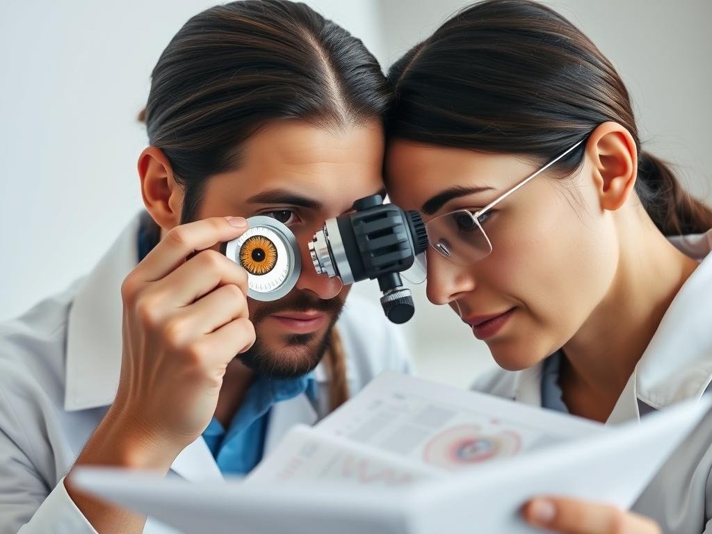 Iridologist examining an iris with an iridology chart reference