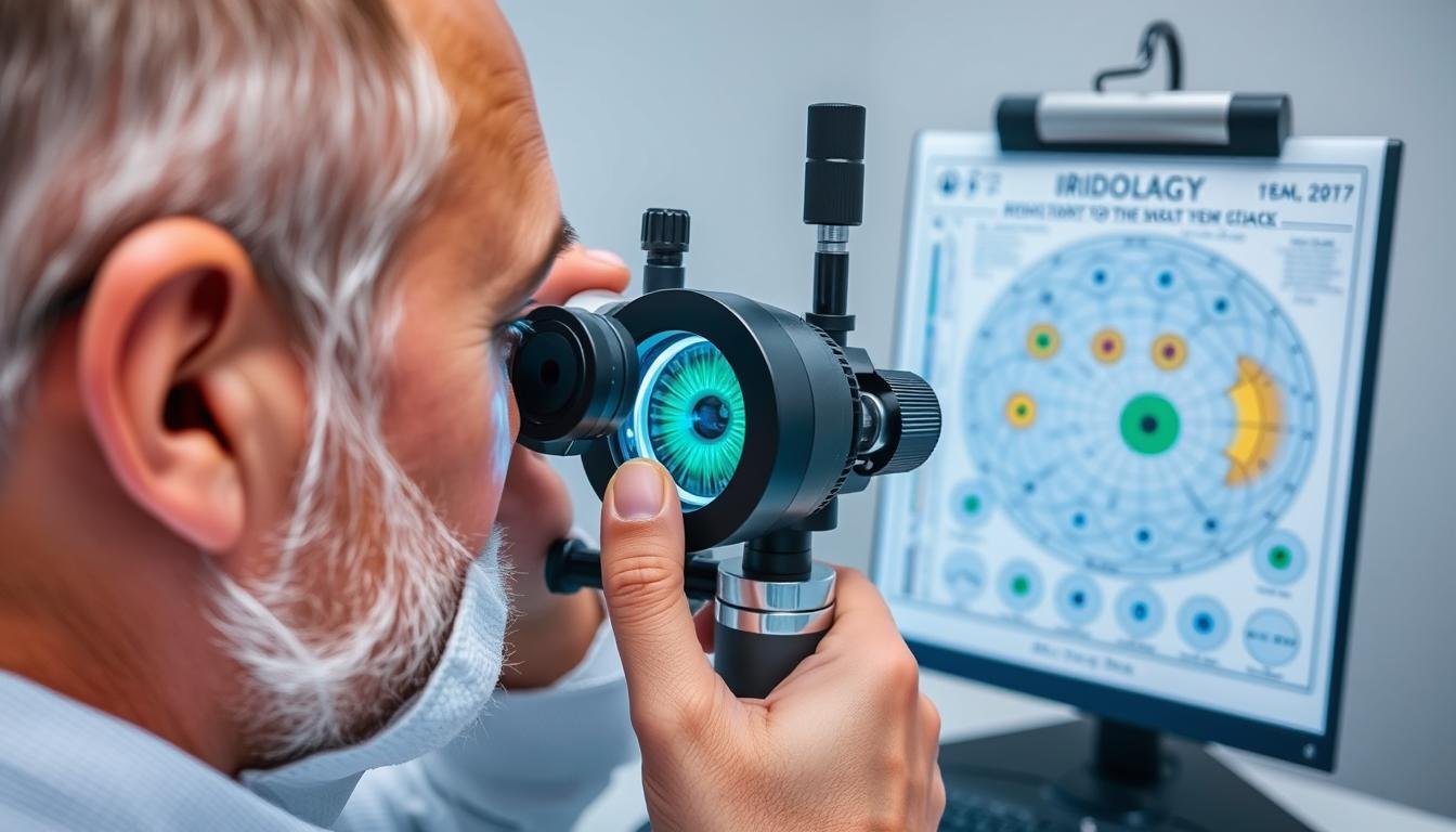 Iridologist examining an iris with reference to an iridology chart