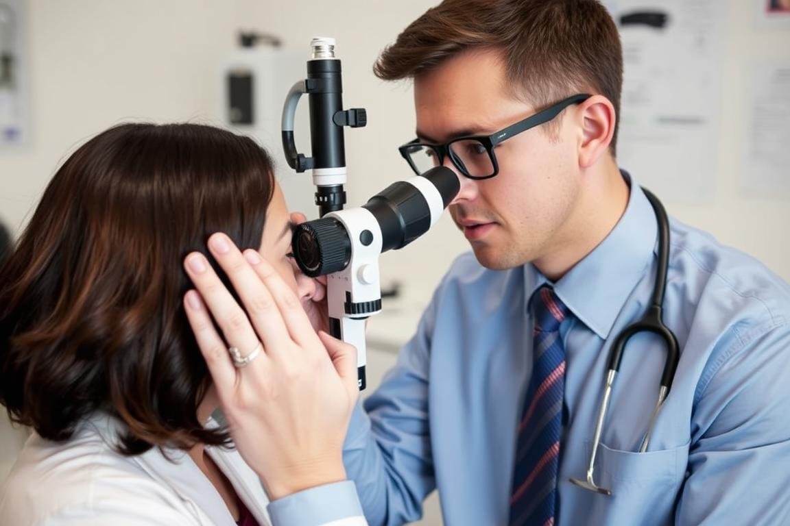 Iridologist examining client's iris with professional equipment